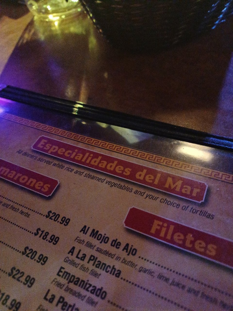 Food menu from a casual bar and grill.